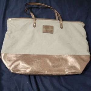 VICTORIA SECRET Zip Tote Handbag Beach Rose Gold Beige Canvas Bag